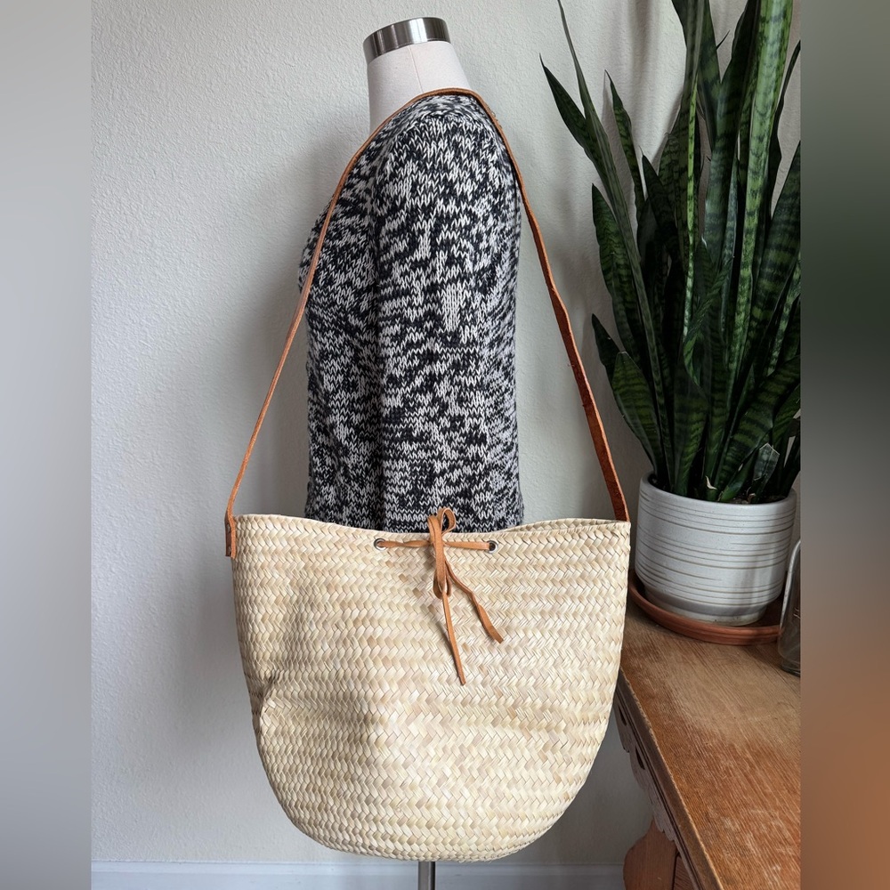 Woven Straw Shoulder Tote Bag with Leather Trim - Natural - Picture 12 of 12